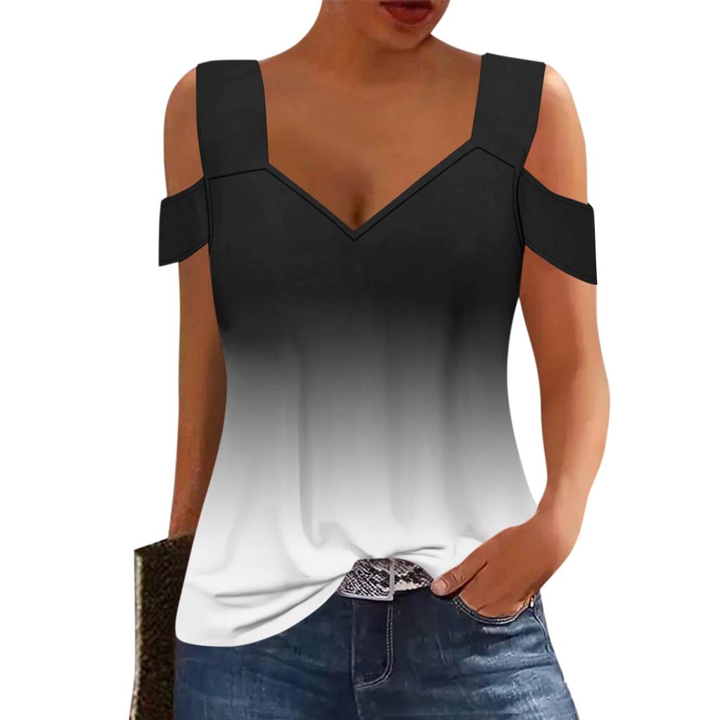 Dámské ležérní topy bez ramínek s krátkým rukávem a výstřihem do V, potištěná trička