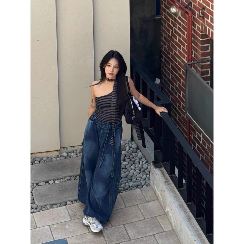 South Korea Badblood American Gyaru Stripe Vest Sling Women Niche Retro Sexy Street Embroidery Top Tide