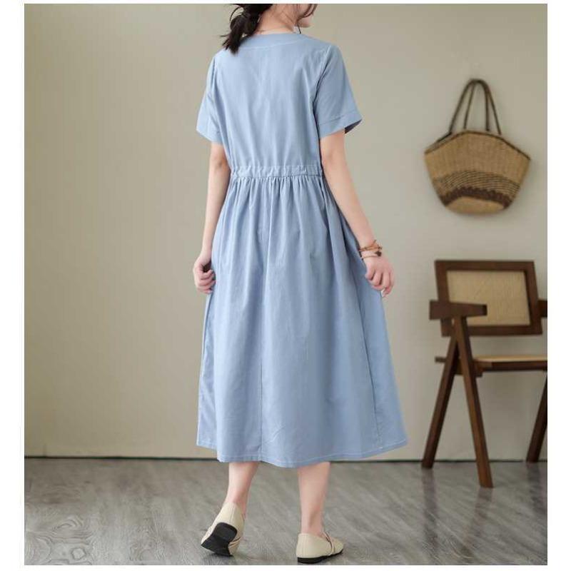 V-neck Mid-length Dress Summer New Retro Literary Large Swing A-line Skirt