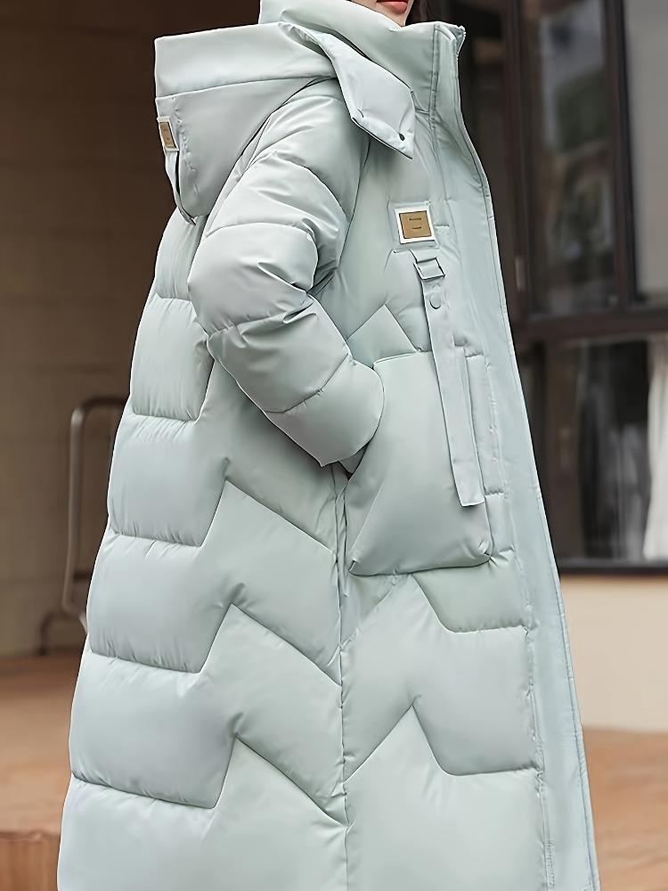 Solid Color Zip-Up Hooded Coat, Versatile Warm Quilted Detail Long Sleeve Mid-length Coat for Winter, Women's Clothing