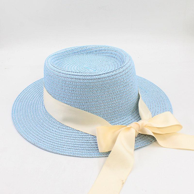 Hat Ladies Trendy Streamer Straw Hat Summer Beach Outing Flat Top Top Hat Sun Protection British Sun Hat