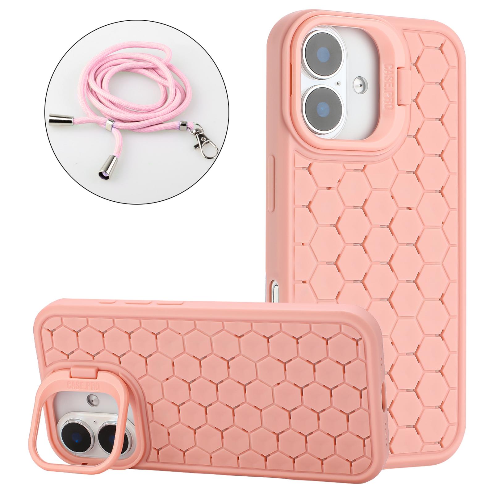 

For iPhone 16 Plus TPU Case Kickstand Heat Dissipation Phone Cover with Lanyard Pink
