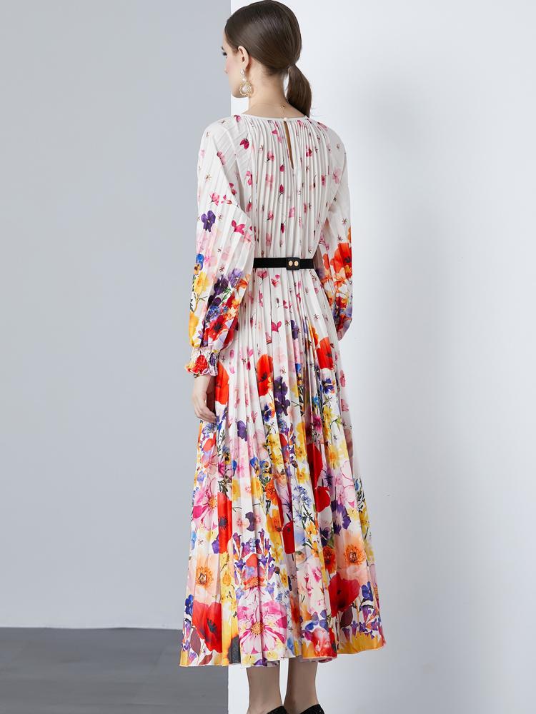 Women Print Loose Big Swing Seaside Beach Dressses Oversized Long Maxi Pleated Dress with Belt