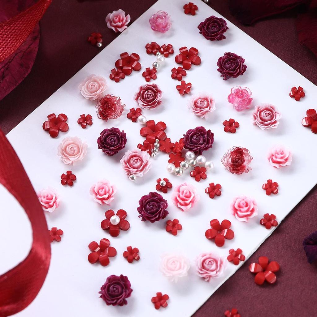 Valentine's Day Mixed Color Center Small Rose Nail Decoration Accessories, Red Acrylic Small Flower Silver Beads for Making Charming Nail Products