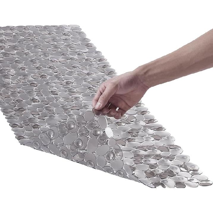 Bath Shower Mat Non Slip: Extra Large Pebble Bathtub mat for Families, Anti Slip Shower Matt with Drain Holes Suction Cups Tub Mat - 16 X 40 Inch Pebble Clear Grey