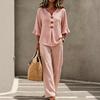 Women's Casual V-neck Ruffle Top & Pants Set with Seven-Sleeve Design
