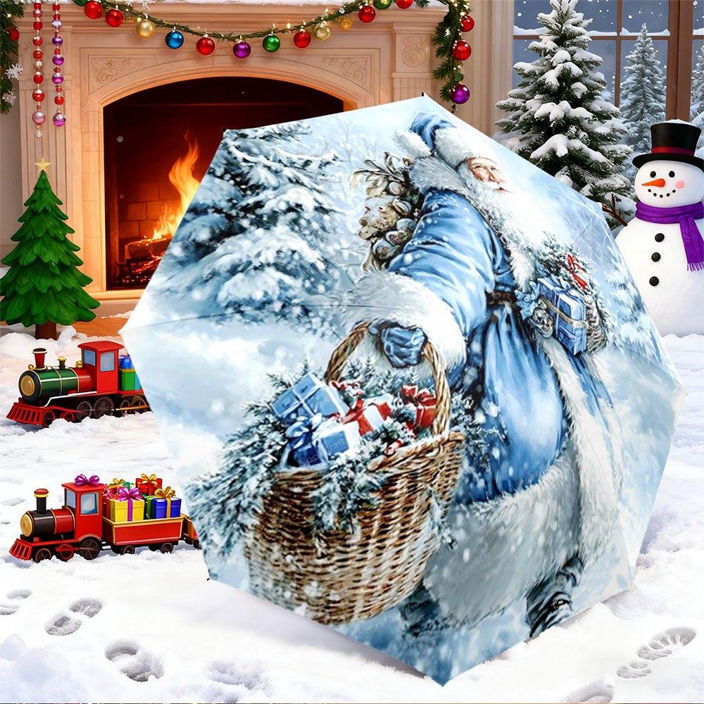 

Portable Folding Umbrella | Snowy Landscape with Santa Claus Carrying Gifts, Automatic Open, 8 Ribs, Iron and Plastic, Foldabl (as the picture,Iron&8K)