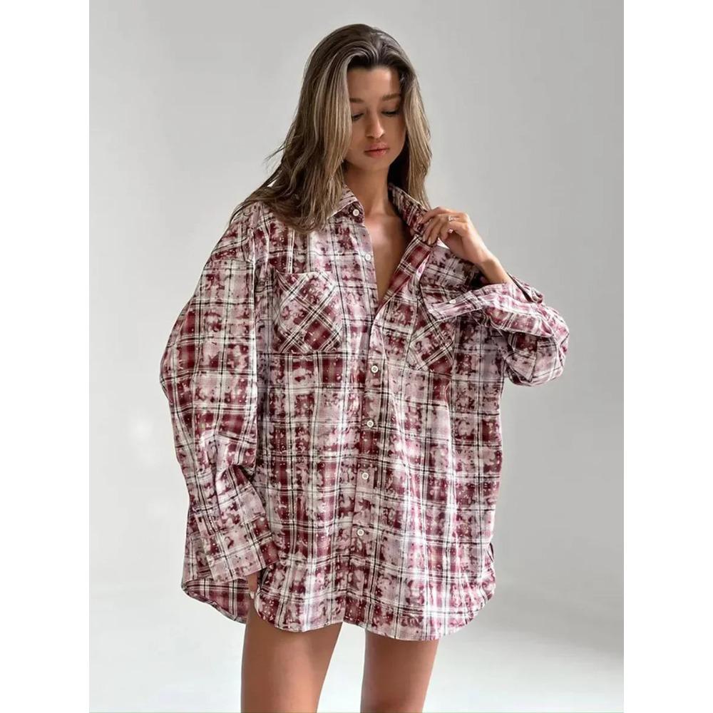 

Spring Autumn New Personalized Street Retro Vintage Plaid Shirt Women s Loose Outer Long Sleeved Women Loose Shirt L червоний