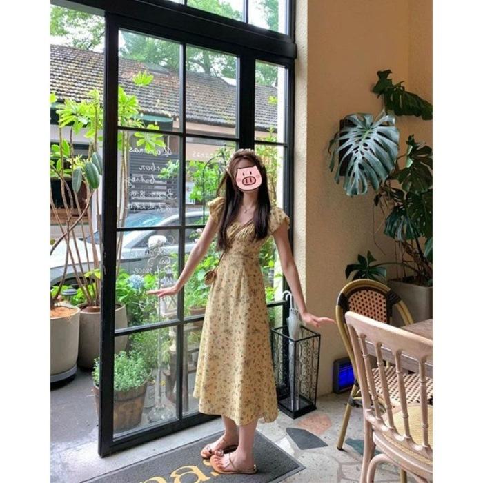 French retro floral tea break dress women's summer new waist pinch to cover the meat and show thinness square collar temperament sweet dress