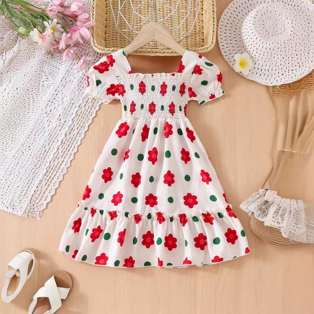 

Милое платье с цветочным принтом для девочек. Летнее детское повседневное милое платье принцессы с коротким рукавом. 120cm