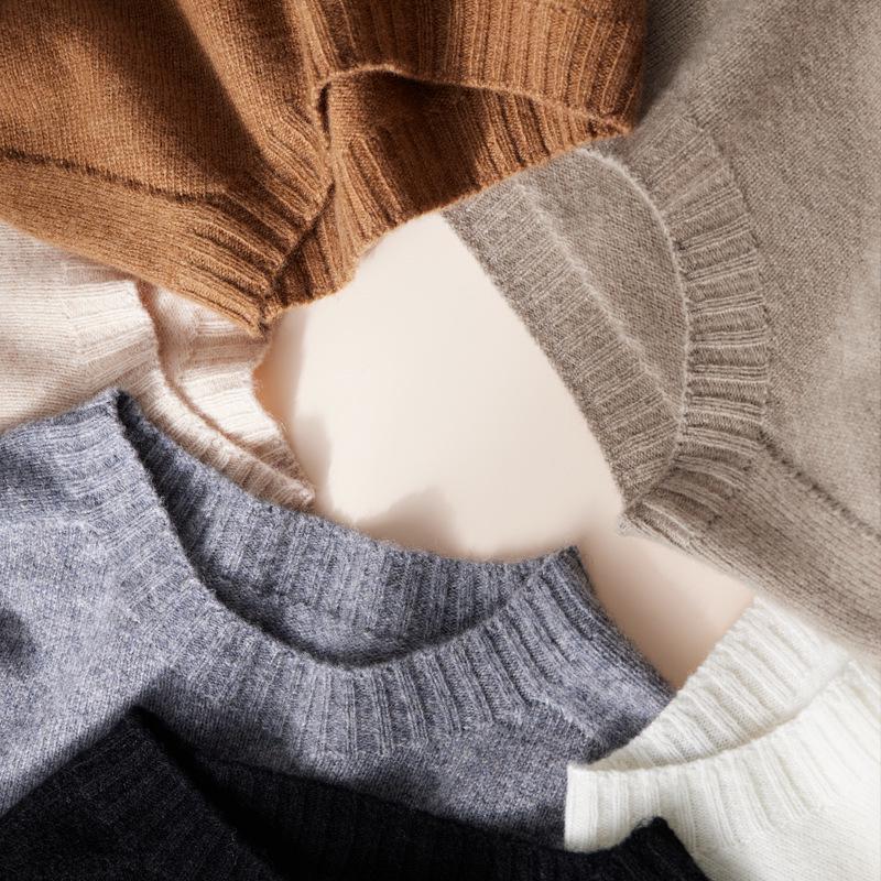 Warm Wool Cashmere Round Neck Sweater - Seamless Solid Color Loose Fit Pullover