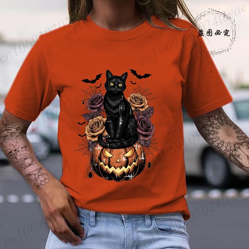 Halloween Skull Bow Pumpkin Shirt Funny Retro Black Cat Tee TShirts Spooky Season Graphic T Shirt for Unisex Short Sleeve Tops