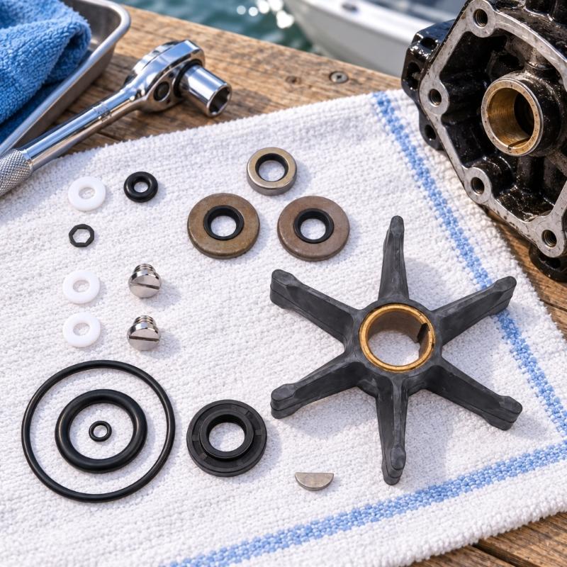 Neoprene Outboard Motor Water Pump Impeller with Keyed Brass Sleeve, Six Radially Arranged Blades and Reference Numbers 379475 and 777130
