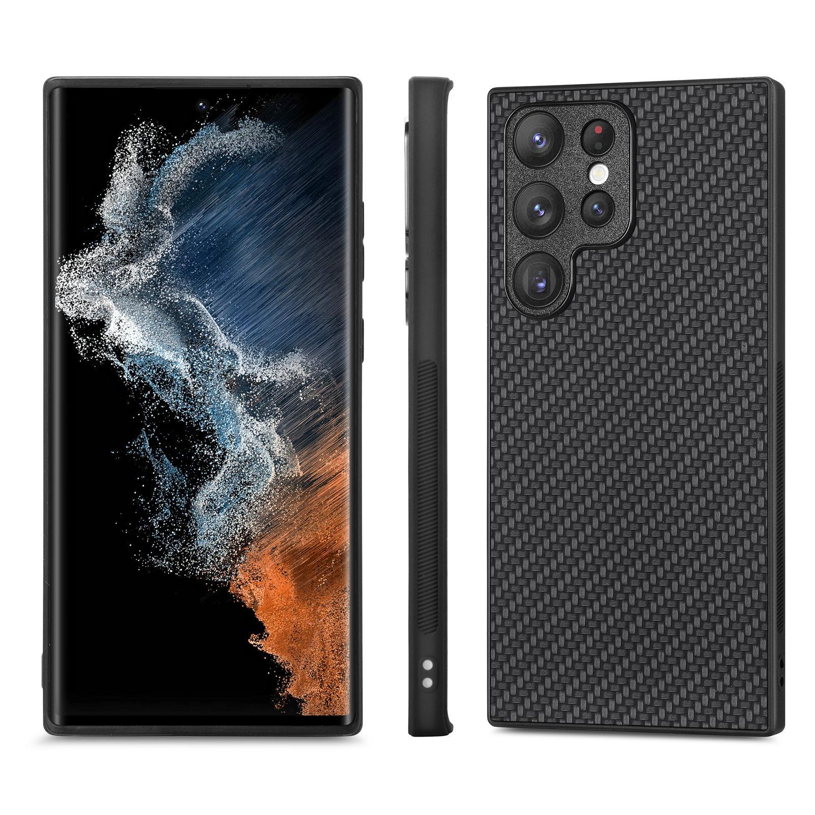 

Carbon Fiber Texture Phone Case for Samsung Galaxy S23 Ultra,PU Leather Coated Soft TPU Anti-drop Protective Cover Black