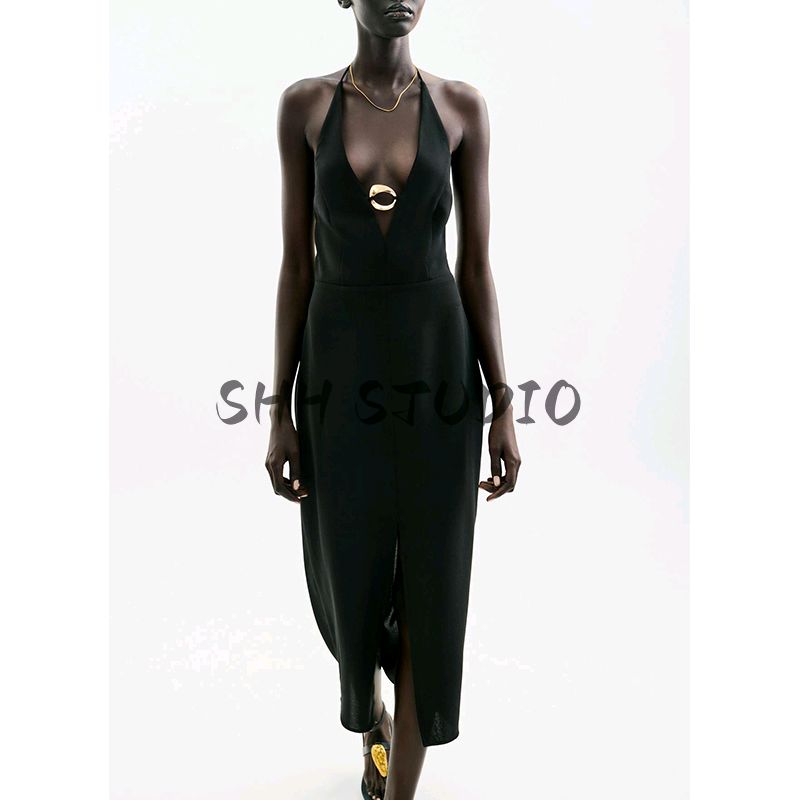 Summer Women's Clothing Bows Series Decoration Hanging Collar Gold Inlaid Open Back Midi Skirt Dress 2298098