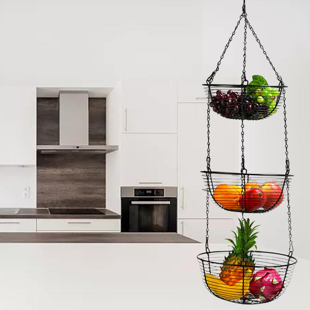 

3-Tier Hanging Fruit Basket Heavy Duty Black Wire Mesh Organizer for Vegetables Snacks Kitchen Pantry Space Saving Holder чёрный
