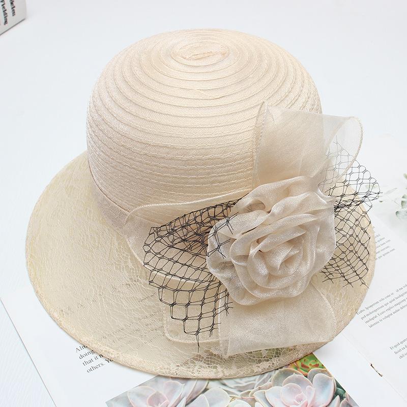 Spring new hat women's spring and summer French organza lace flower folding pot hat travel wide brim fisherman
