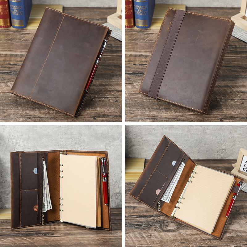 Handmade A5 Crazy Horse Leather Notebook with 6-Ring Binder & Replaceable Pages
