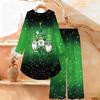 Christmas Print Two Piece Outfit Women Long Sleeve Irregular Hem Tunic Top Wide Leg Pants Casual Matching Set