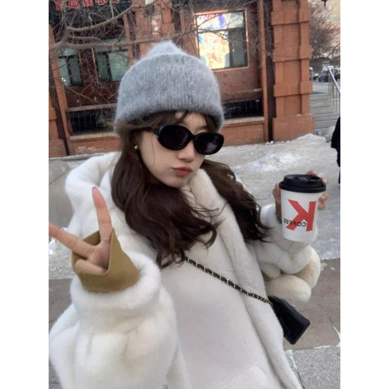 Korean Style Mink Fur Coat Women Winter Warm Hooded Plush Long Thick Jacket
