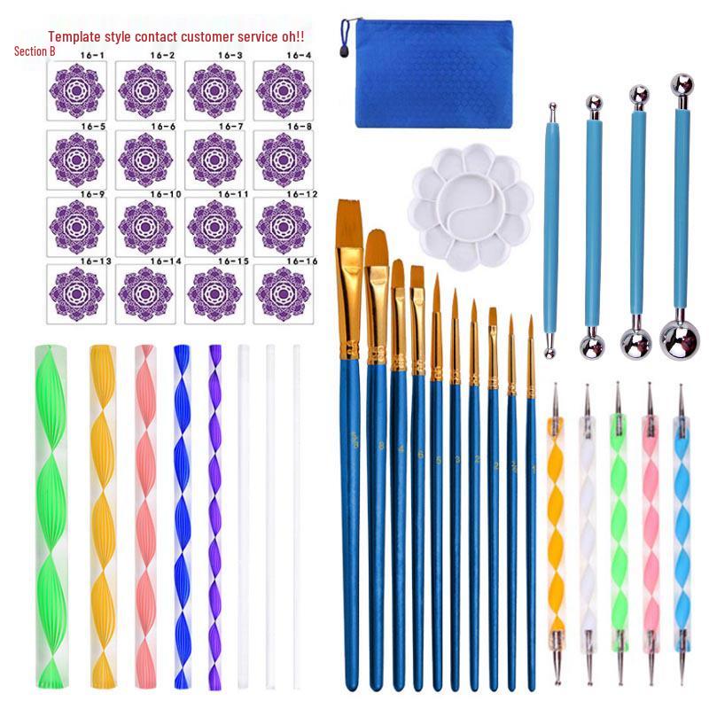 44-Piece Mandala Tool Set: Acrylic Rods, Indentation Steel Ball Pens, and Paint Brushes Kit