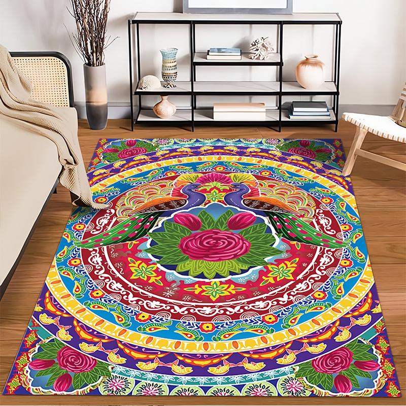Colorful Peacock Mandala Carpet with Floral Patterns and Vibrant Design Suitable for Use As an Anti-slip for Living Room Bedroom Sofas