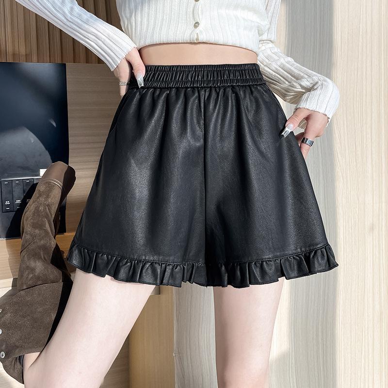 

Women s Fall Winter Maillard Ruffle Trim A-Line PU Leather Shorts Petite Wide Leg Pants Mini Shorts Versatile Slim Fit Hot Pants XS чёрный