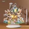 2D Flat Easter Charming Rabbit House Acrylic Decoration, Bow Tied Bunnies & Colorful Eggs, Suitable for wall decoration, porch, room, villa, accents H