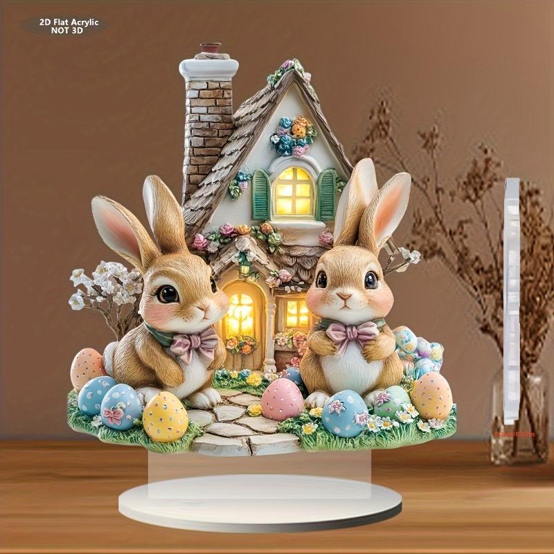 2D Flat Easter Charming Rabbit House Acrylic Decoration, Bow Tied Bunnies & Colorful Eggs, Suitable for wall decoration, porch, room, villa, accents H