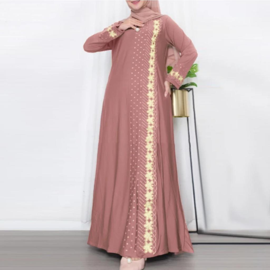 Rochie Maxi de Damă cu Gât Rotund și Mânecă Lungă, Talie Largă, Broderie cu Dantelă, Rochie Abaya Kaftan Modestă