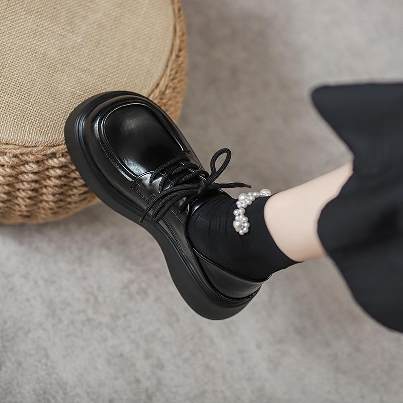 Fashion “British - Style” Patent - Leather Lace - Up Chunky Shoes, Black Round Toe, Ideal for Daily & Office Looks