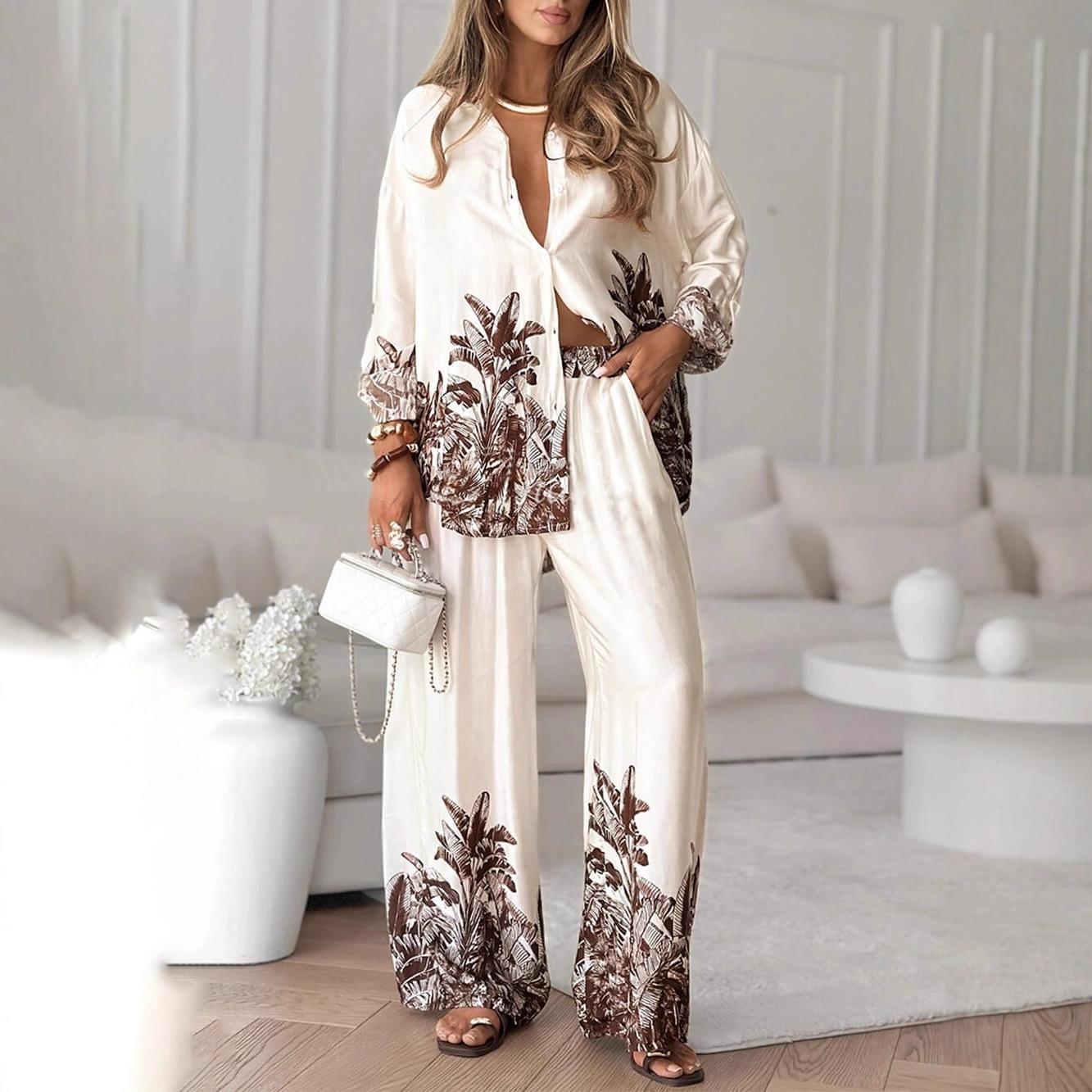 

Women s Beige Shirt and Pants Set with Brown Plant Print, Sleeve Embroidery Details S