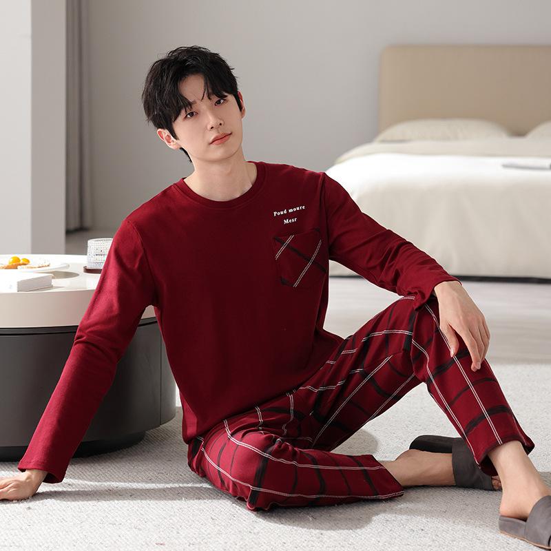Men's pajamas spring and autumn pure cotton long-sleeved casual loungewear youth men's autumn thin cotton large-size suit