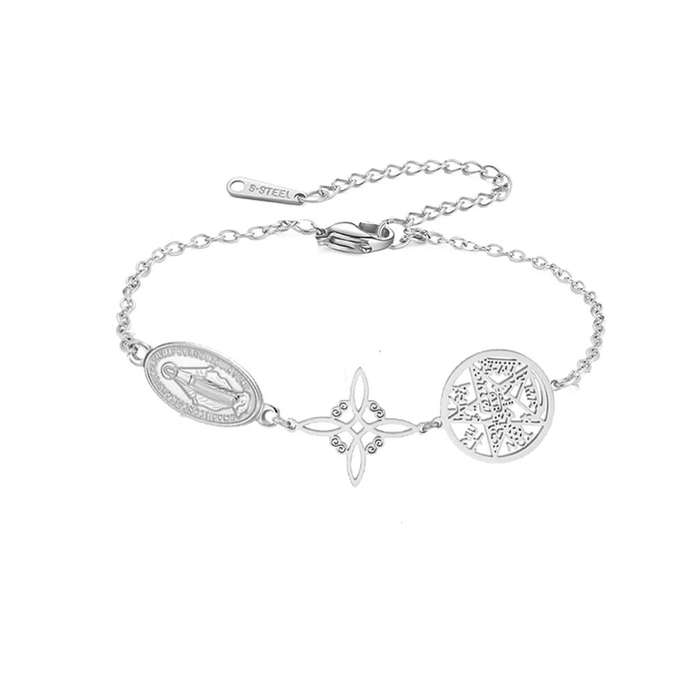 

Stainless Steel Triple Protection Bracelet Witch Knot Virgin Mary Pentagram Tetragrammaton Three Types Amulet Jewelry for Women 17cm срібний