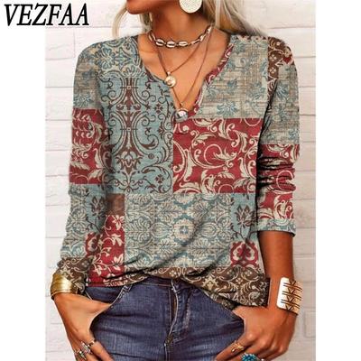 Camicette e camicie con scollo a V a maniche lunghe con stampa di motivi floreali primaverili e autunnali alla moda da donna