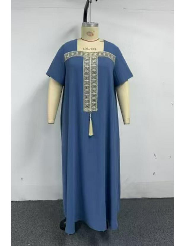 Middle Eastern Dubai-Inspired Plus Size Ribbon Tassel Dress - Short Sleeve, Square Neck, Loose Fit