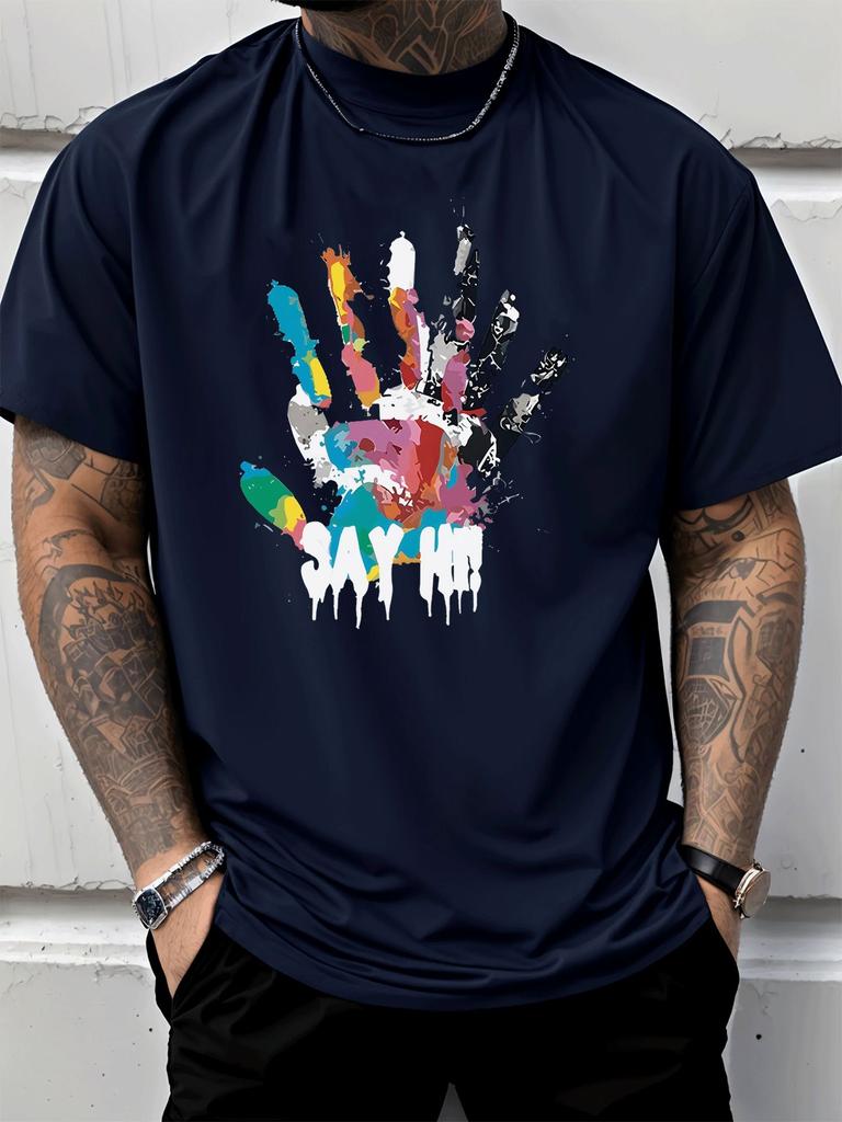 Unisex Red Tee Color Splash Handprint Say Hi Graffiti Print Short Sleeve Loose Casual Basic Top For Adult Male Daily Wear Outfit