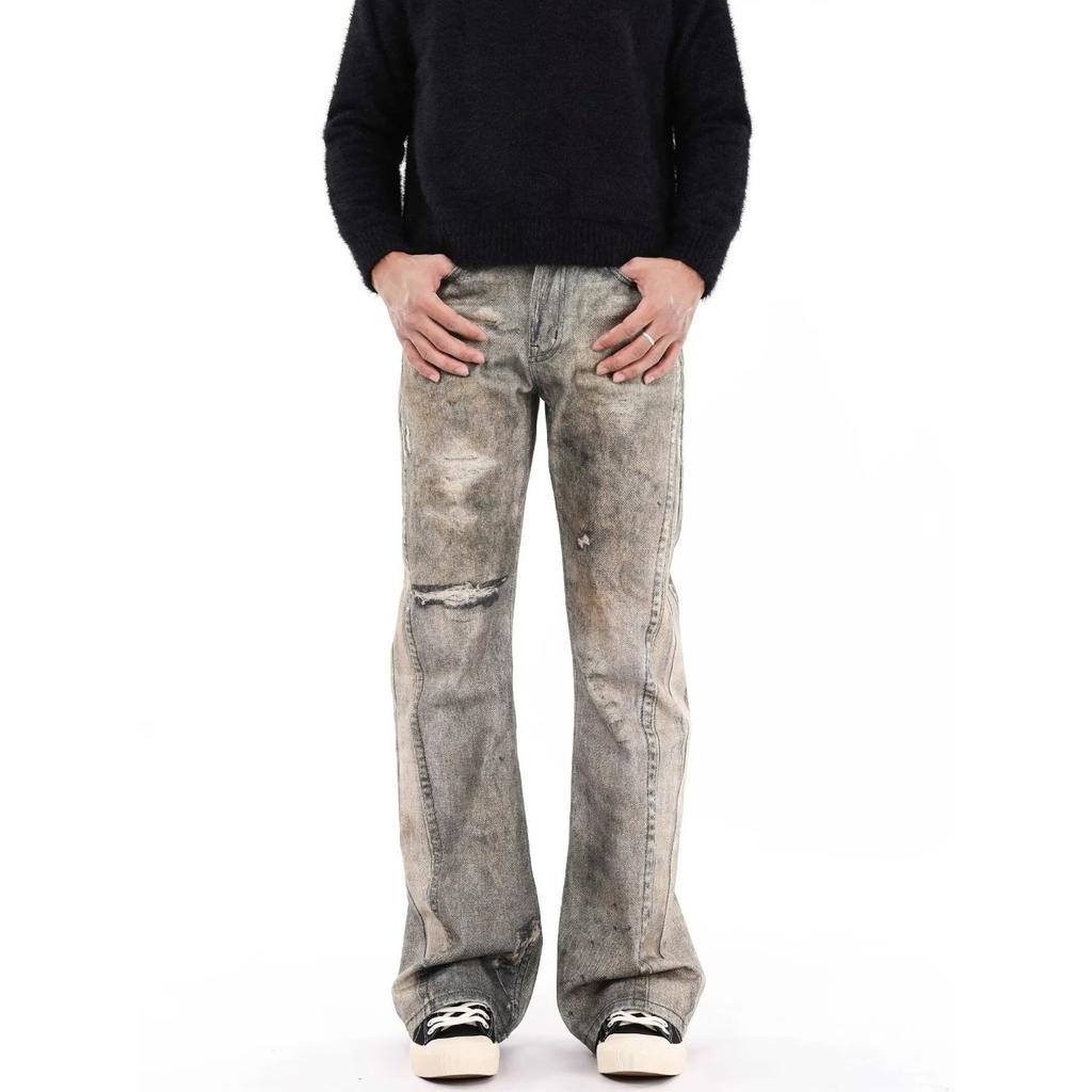 Men's Mid Rise Washed Cat Whisker Barrel Jeans Loose Wide Leg Denim Pants American Vintage High Street Y2K Casual Four Seasons Long Trousers