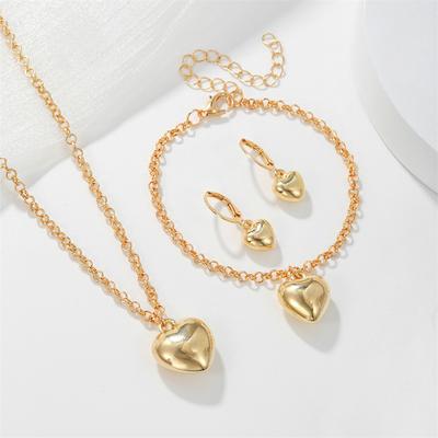 1Set Simple  Golden Heart Pendant Earrings Necklace Bracelet Jewelry Set Exquisite Women'S Jewelry Anniversary Gifts