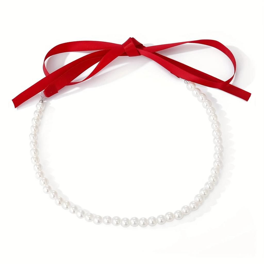 Vintage Naszyjnik z długim kokardą, łańcuszek wstążkowy na obojczyk, sznurowany aksamitny naszyjnik ze sztuczną perłą