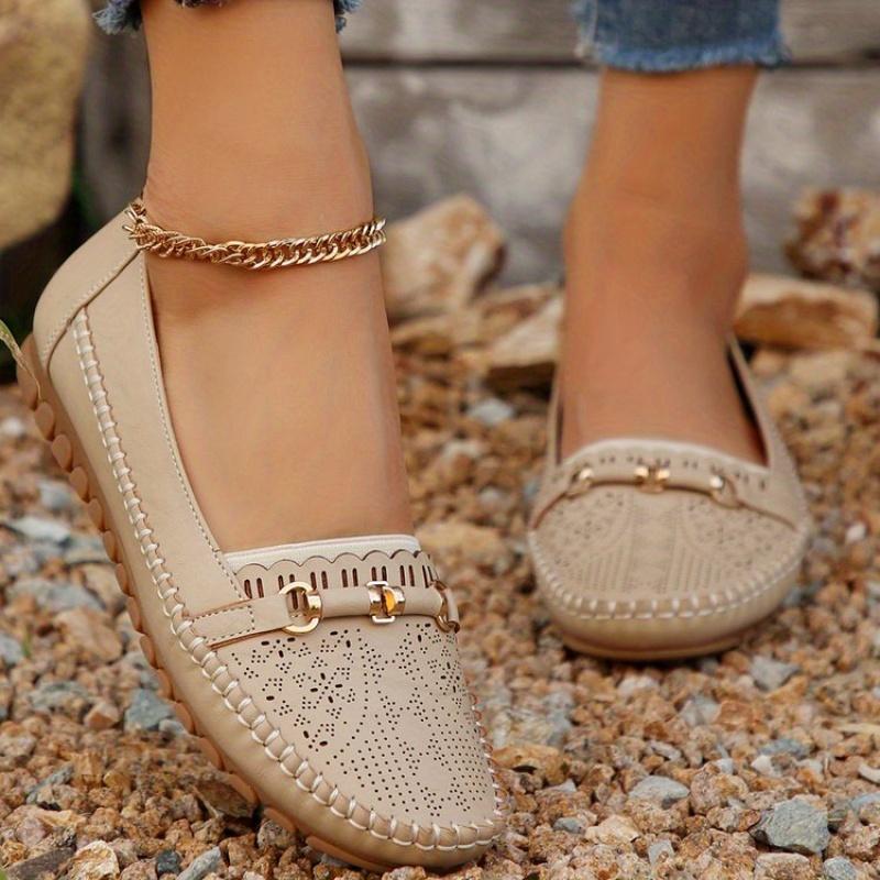 Women's Perforated Flat Loafers with Golden-Tone Buckle Detail - Breathable Faux Cover Slip-On Shoes, Lightweight & Comfortable for Casual Wear