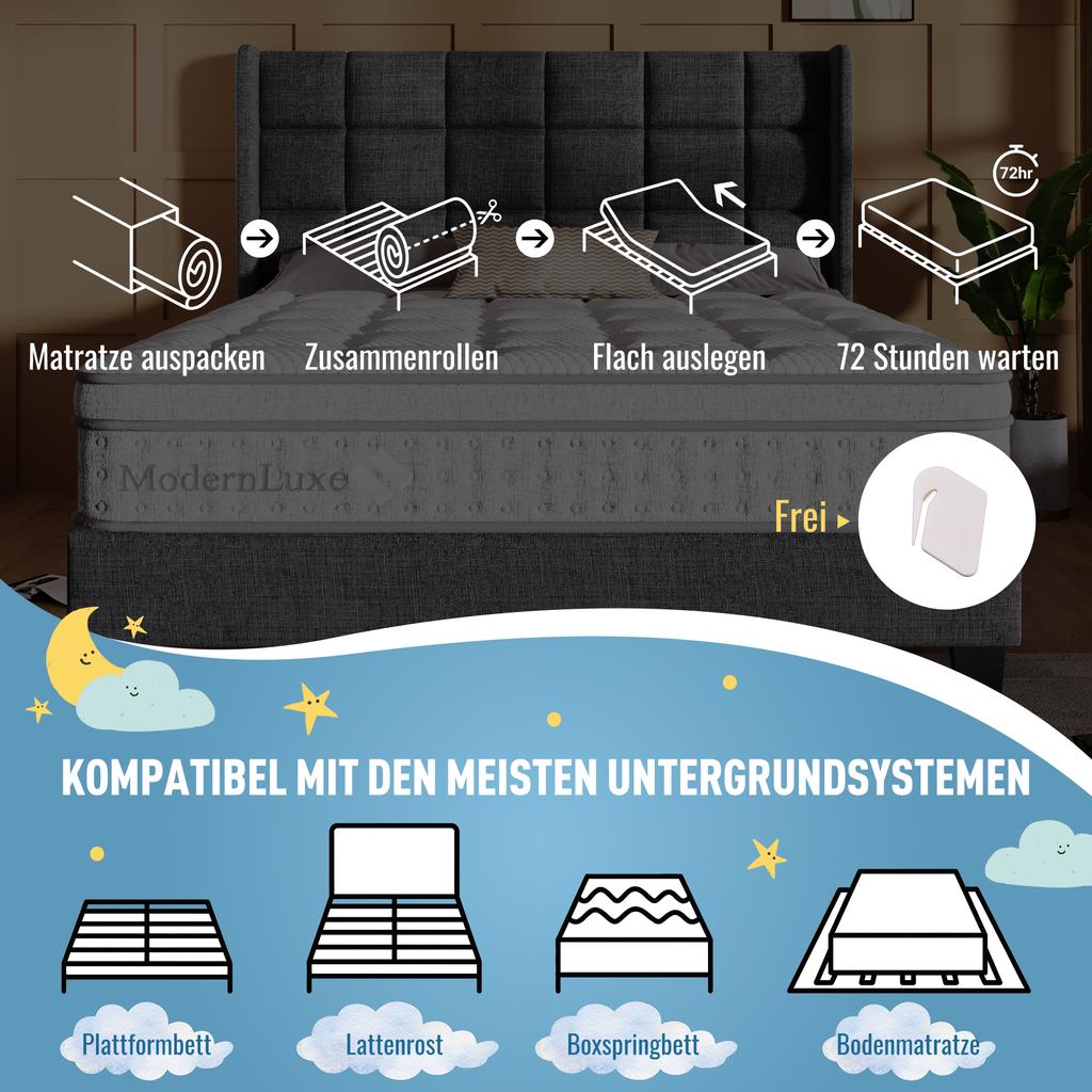 Upholstered Bed 180*200, Storage Headboard with USB and Type C Port, 360 Surround LED Function, Hydraulic Storage, Grey, Linen (With Mattress)