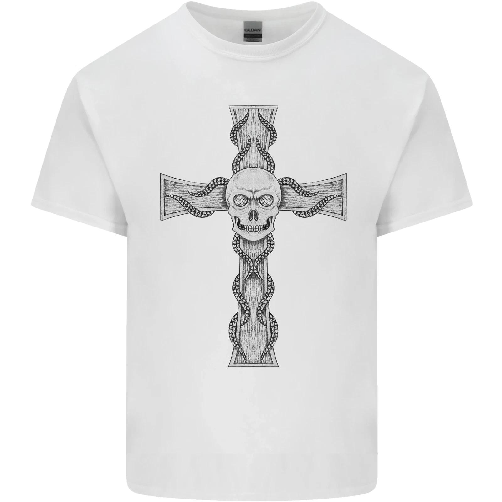 A Gothic Skull and Tentacles on a Cross Kids T-Shirt Childrens L