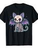 Cute Skeleton Bat Cat Goth Kawaii Graphic Tee Soft Cotton Casual Crew Neck T-Shirt Unisex