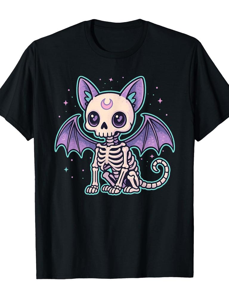 Cute Skeleton Bat Cat Goth Kawaii Graphic Tee Soft Cotton Casual Crew Neck T-Shirt Unisex