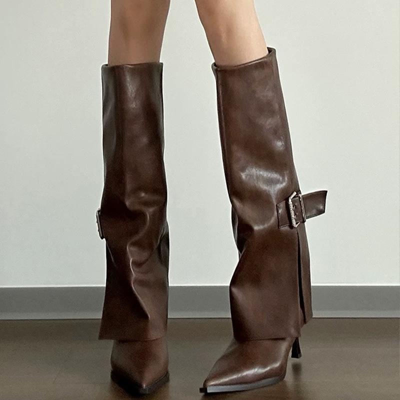 Pointed Toe Women High Boots Leather Fad Sexy High Heels Shoes 2025 Trend Designer Buckle Pumps Knee High Winter Botas De Mujer