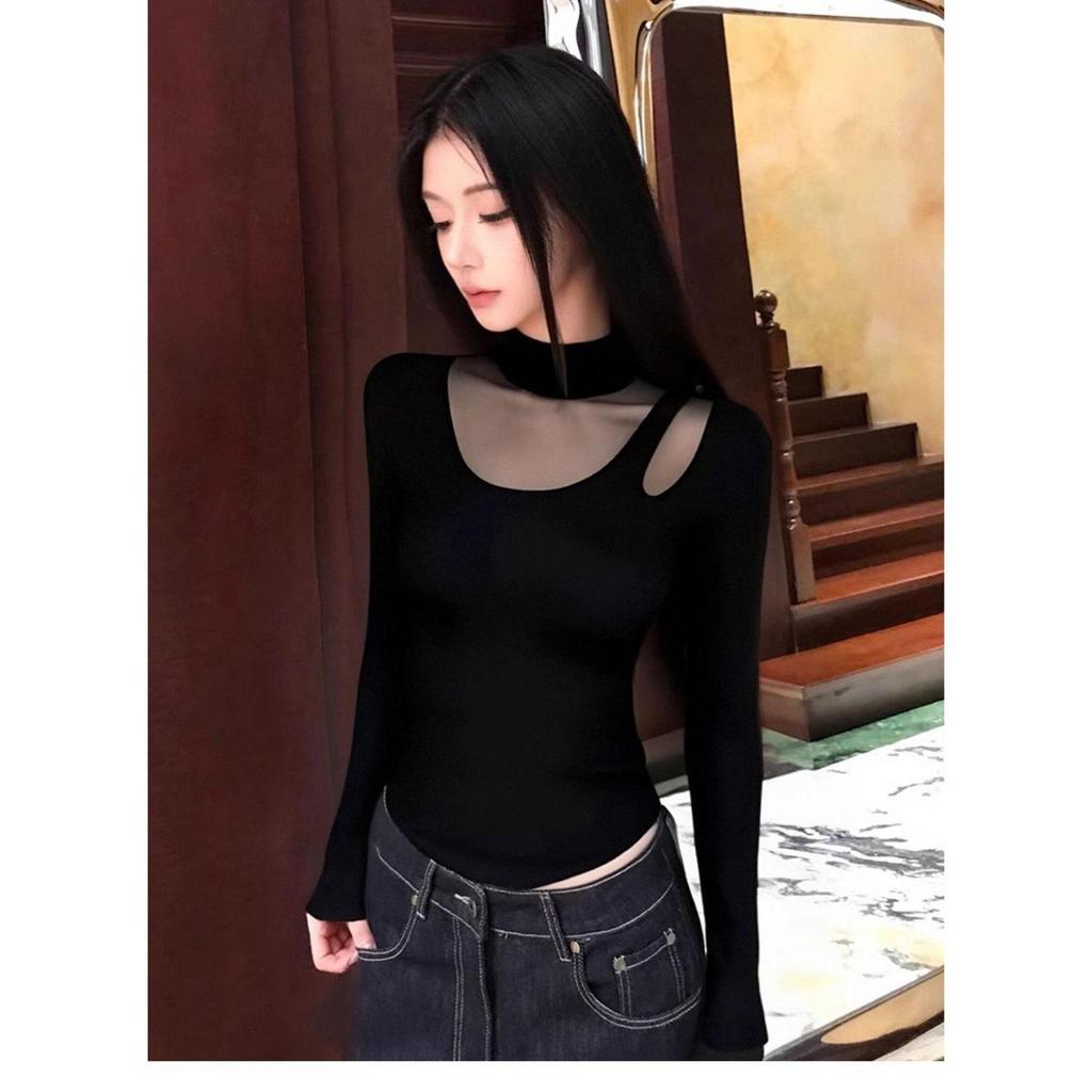 2026 Spring & Autumn Half-High Collar Mesh Long Sleeve Base Layer T-shirt for Women
