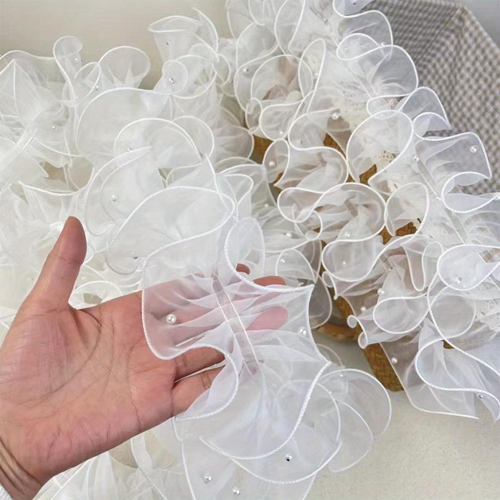 Schneegarn Spitzenband 1 Rolle 12cm Dicht Plissiert Perlenbesetzt Schneegarn Spitzenband Blumenverpackungsband Straußband Glänzendes Perlenwellenband 1M