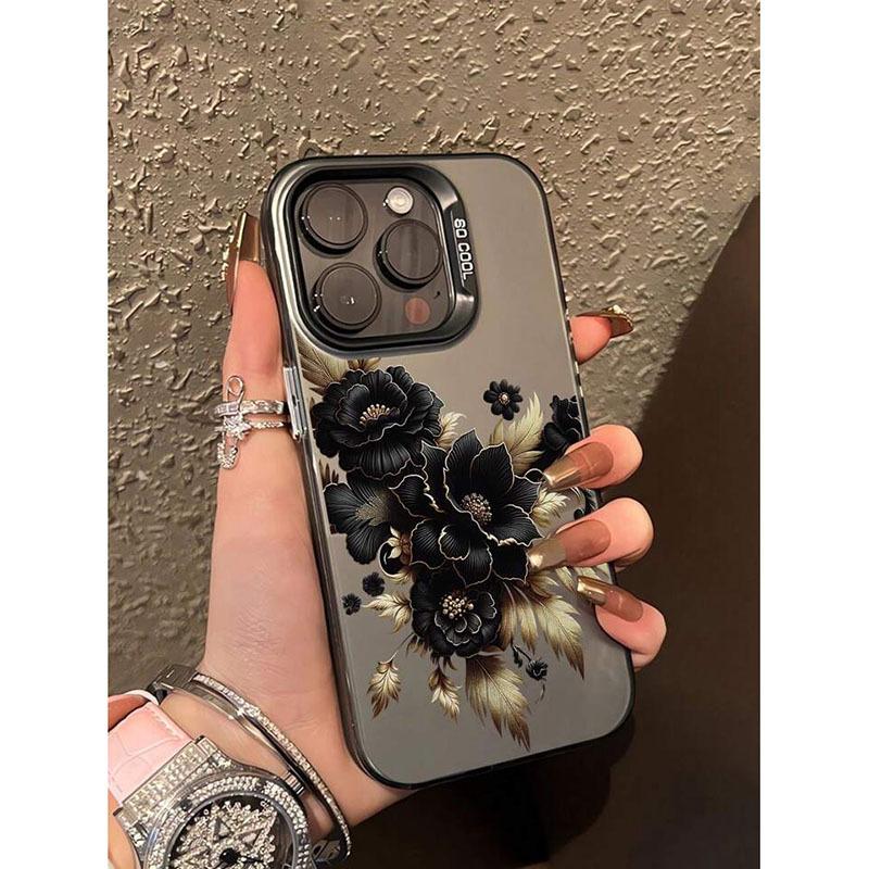 

Black Floral with Gold Outline Art Phone Case for iPhone 17 16 15 14 13 12 11 Series Pro Max Plus Double Layer Protection iphone 13 ProMax