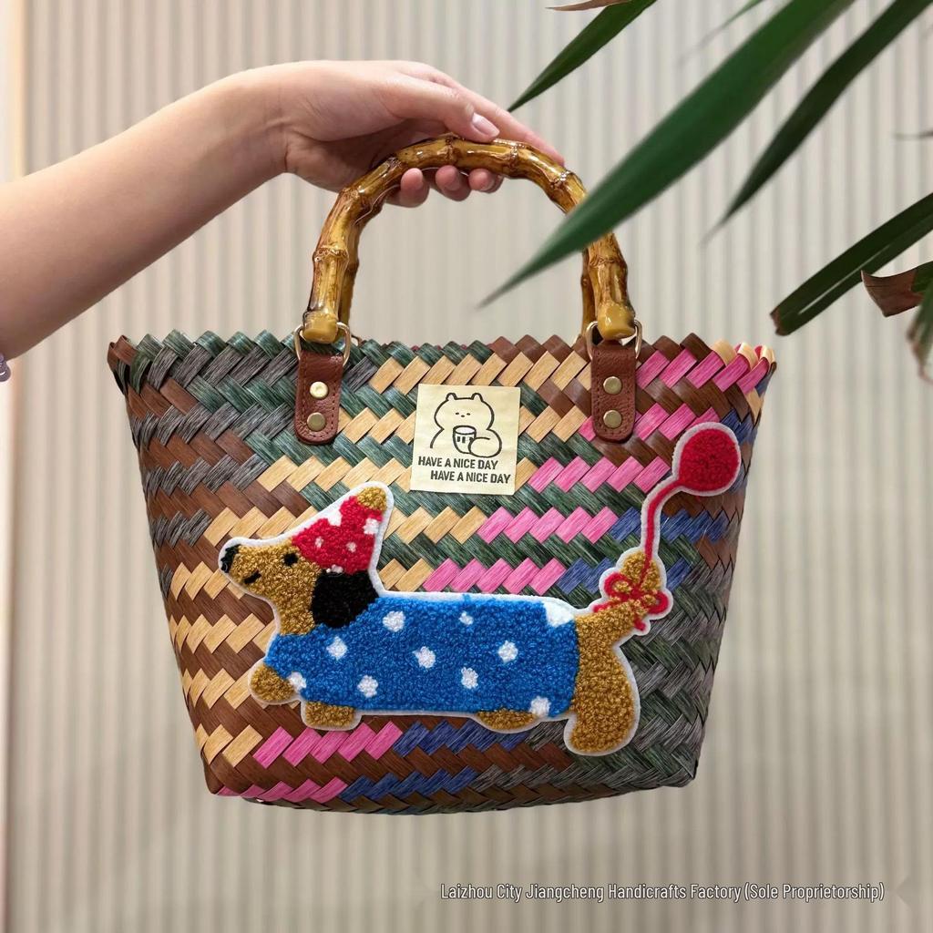 Elegant Handmade Bamboo Woven Tote – Stylish Rattan-Style Beach & Makeup Bag